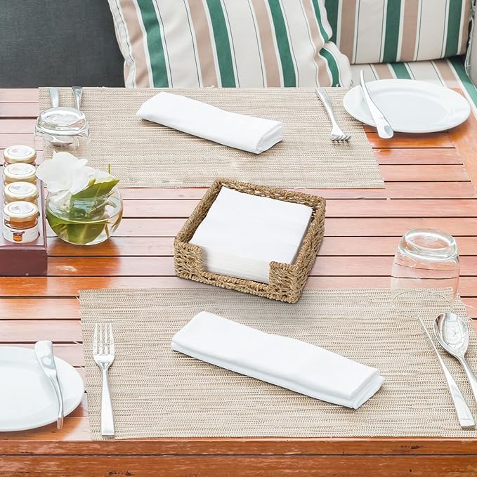 Graciadeco Ratten Napkin Holder for Table, Square Seagrass Serving Tray for Paper Napkins Kitchen Restaurant Dinner Wicker Baskets 7.8" x 7.8" x 2.8"
