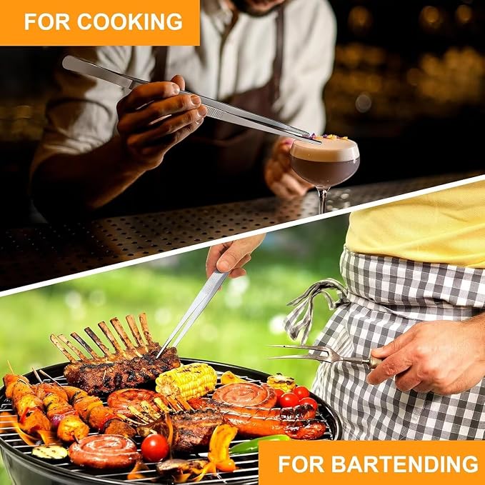 Homestia 12 Inch Kitchen Tweezers Fine Tweezer Tongs, Stainless Steel Food Tweezers Multi-Function Precision Serrated Tips Cooking Tongs Kitchen Serving Tong - BBQ, Plating, Multi-Use, Silver