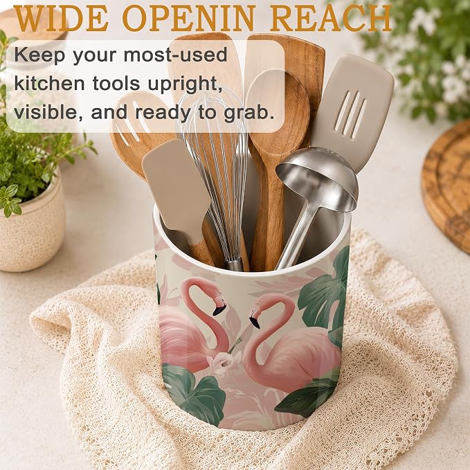 Pink Flamingos Kitchen Utensil Holder,Palm Leaf Hibiscus Large Ceramic Utensil Crock Organizer for Spatulas,Spoons and Cooking Tools,Kitchen,Home Decoration 6.3"