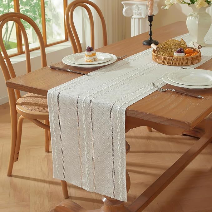 Niviy Boho Cotton Linen Beige Table Runner, Ivory Farmhouse Woven Table Runners Spring Summer Holiday Kitchen Dining Table Decoration for Home Party Decor 13 x 72