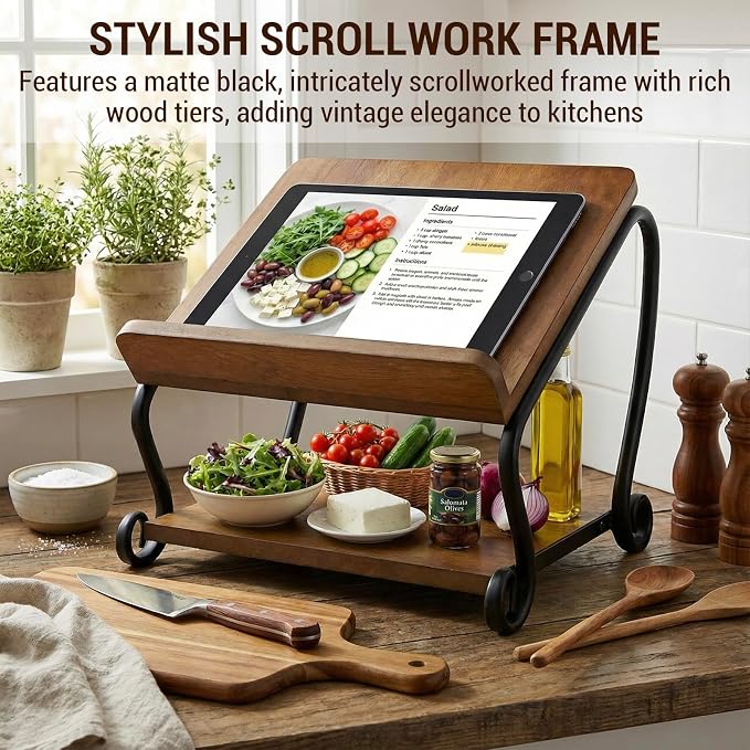 MyGift 2-Tier Deluxe Solid Wood and Matte Black Scrollwork Metal Cookbook Holder Stand with Bottom Storage Shelf – Rustic Recipe Book Display Rack for Kitchen Countertop