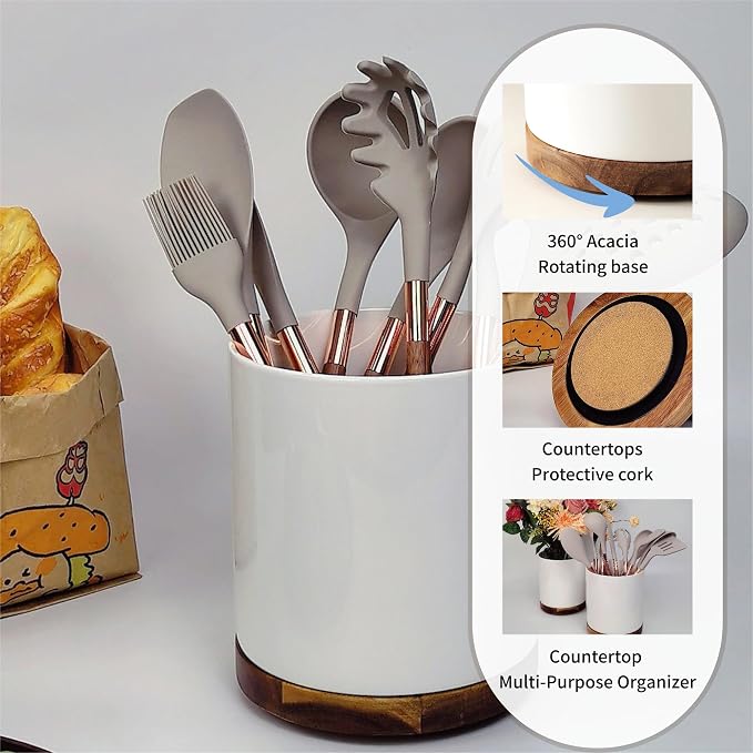 White Large Capacity Ceramic Utensils Holders Acacia wood rotatable base kitchen utensil crocks Countertop Multi-Purpose Organizer