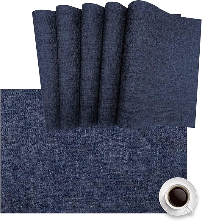 DACHUI Placemats Set of 4, Linen Look Woven Place Mats, Water Resistant, Heat Resistant, Washable, Durable Table Mats (Navy Blue)