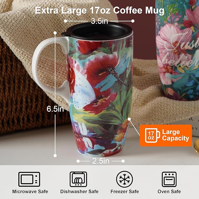 DUSVALLY Set of 2 Ceramic Travel Mug with Handle and Splash-Resistant Slider Lid, Suitable for Coffee and Tea, Microwave & Dishwasher Safe, Pink+Green Flower Mug