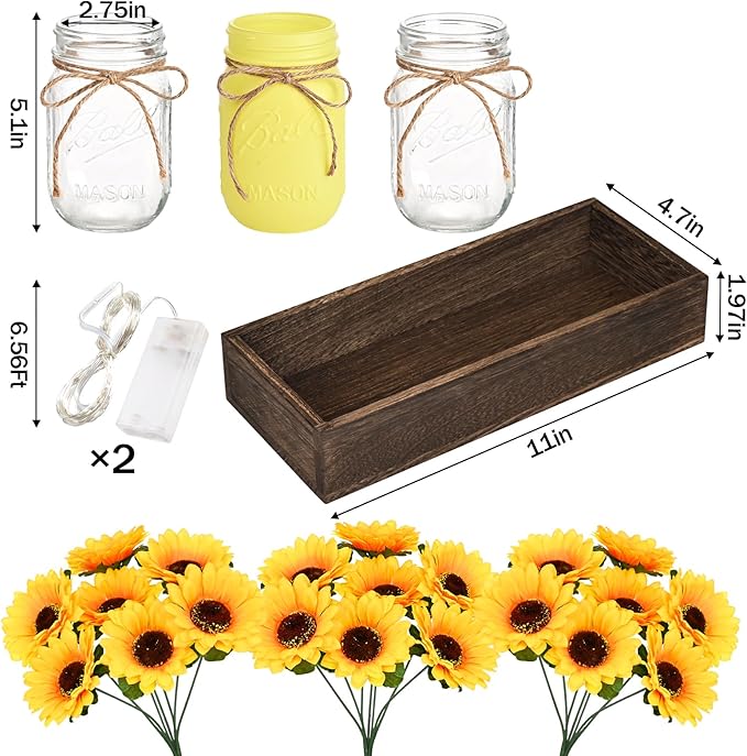 BLEUM CADE Centerpiece Table Decorations - Mason Jar Lights Centerpiece for Kitchen Dining Table Farmhouse Coffee Table Wedding Home Decor with 3 Jars Sunflowers Artificial Flowers & Wood Tray