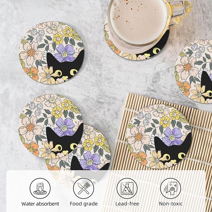Fun Black Cute Boho Cat 6 Pcs Ceramic Coaster Set with Holder/Cork Chic Funny Animal Unique Girly Flowers Absorbent Round Cup Drink Coasters Set for Modern Coffee Table Bar Wine Beer Protect