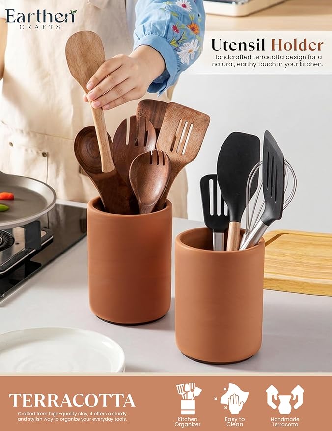 Terracotta Utensil Holder 6.5” Set of 2 Large Kitchen Utensil Crock & Counter Organizer | Flatware, Spatula Tool & Cooking Storage Caddy | Farmhouse Countertop Decor