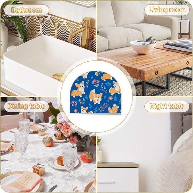 Cute Corgis Dog with Floral on Cobalt Blue Background Napkin Holder for Table Acrylic Cocktail Napkin Holders Small Decorative Napkin Dispenser for Home Party Holiday Dining Kitchen Accessor, 2 Pack