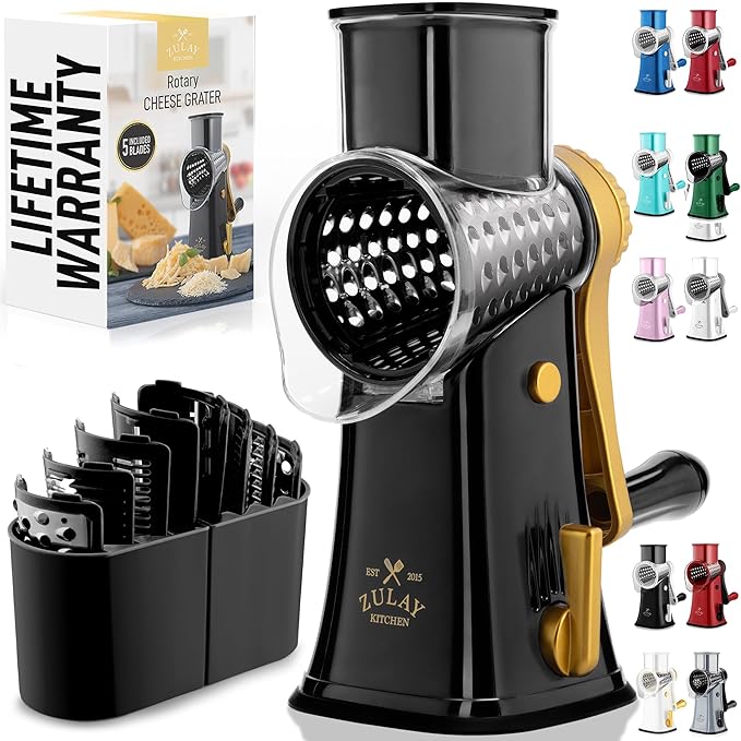 Zulay Kitchen Rotary Cheese Grater 5 Blade Cheese Shredder - Manual Hand Crank Cheese Grater With Reinforced Suction & 5 Interchangeable Drums - Easy to Use, Vegetable Chopper Round Mandoline Slicer