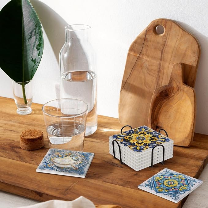 Coaster for Drinks Set of 6, Blue Vintage Spanish Ceramic Floral Absorbent Round Ceramic Stone Mat, with Cork Base and Metal Holder, Gift for Housewarming Room Bar Decor (Ornate Mosaic Tile-5)
