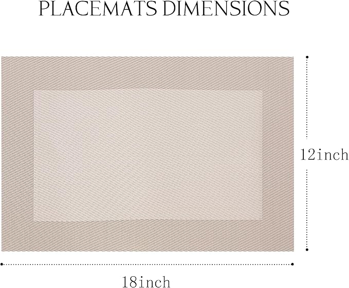 Placemats Set of 6-Heat Resistant Non-Slip Washable Table Mats for Dining Table,PVC Vinyl Woven,12 x 18 inch Beige