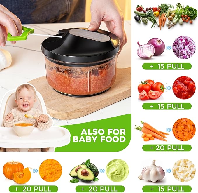 LHS Manual Food Chopper Vegetable Cutter, Hand String Vegetable Chopper Onions Cutter for Vegetable Fruits Nuts, (800ml,BLACK)