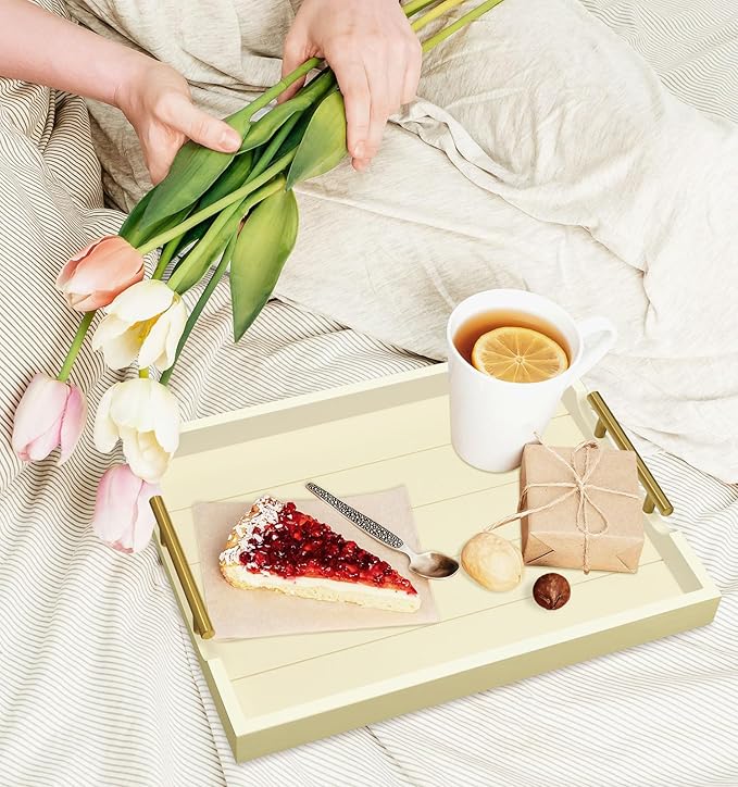 SXNOWS Ottoman Tray for Coffee Table & Couch, Large Wooden Serving Tray with 2 Set of Handles - Modern Farmhouse Rectangle Decorative Tray for Living Room Kitchen Includes 4 Coasters, Off-White/Cream
