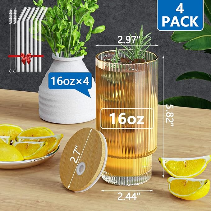CWHHRN 16OZ Ribbed Glass Cups with Lids and Straws 4 Set, Vintage Glassware for Whiskey Cocktail Beer, Iced Coffee Cups with Lid, Glass Tumbler with Straw and Lid (4 PACK)