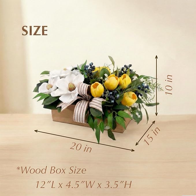 Spring Flowers Centerpiece for Table Decor, 20" L Lifelike Artificial Magnolia Tulip in Rectangular Wood Box, Lush Spring Eater Faux Floral Arrangement Farmhouse Mantel Shelf Kitchen Island Decor