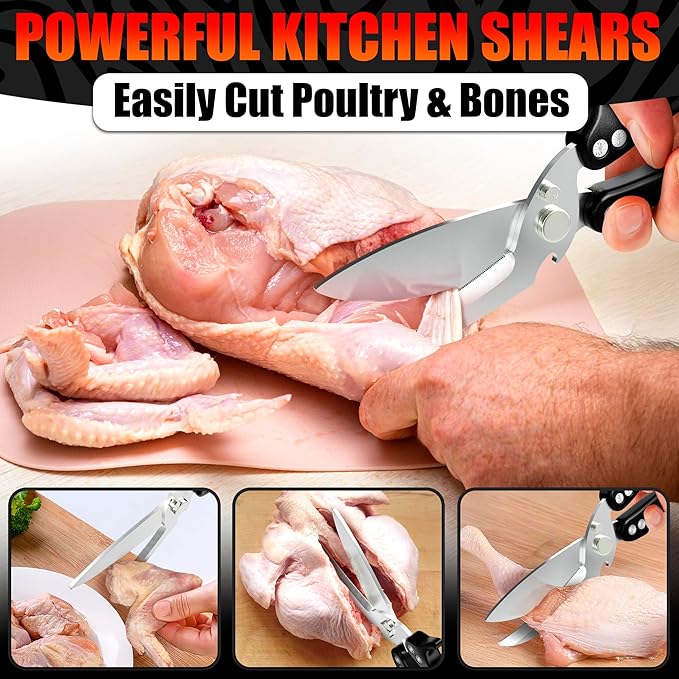 Heavy Duty Poultry Shears – Kitchen Shears Dishwasher Safe, Spring-Loaded, 3Cr14 Steel, Micro-Serrated, Separates for Easy Cleaning | Bone Scissors for Chicken, Turkey, Seafood & Fish Scale (Black)