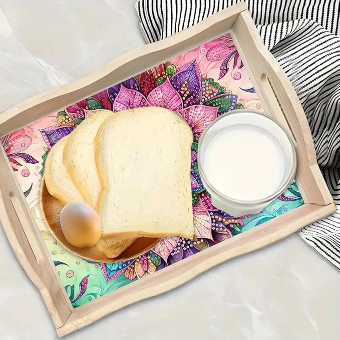 BAYUNOE DIY Diamond Serving Tray Rectangular Breakfast Tray with Handle Handmade Diamond Art Painting Wooden Tray Spring Creative Dinner Plate Coffee Room Living Home Organizer-Mandala