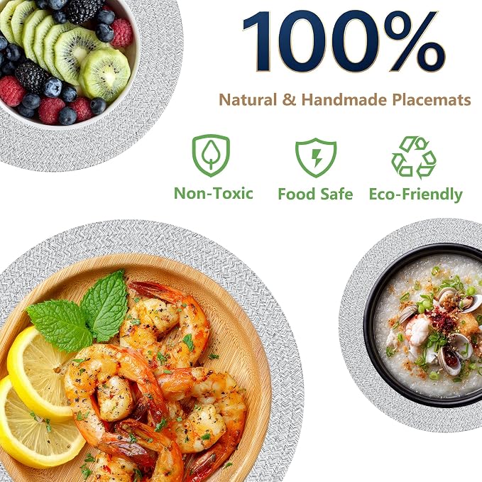 Round Woven Placemats Set of 6, 13.4 Inches Cotton Round Placemats, Heat Resistant Washable Table Mats for Indoor & Outdoor Dining Table Decor