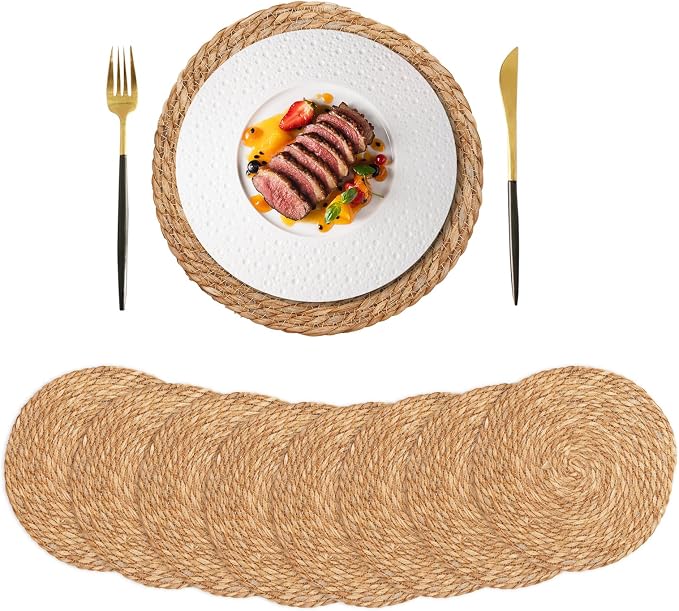 Round Woven Placemats Set of 8, 12 Inch Boho Farmhouse Rattan Placemats Rustic Braided Wicker Table Place Mats Chargers for Dinner Plates