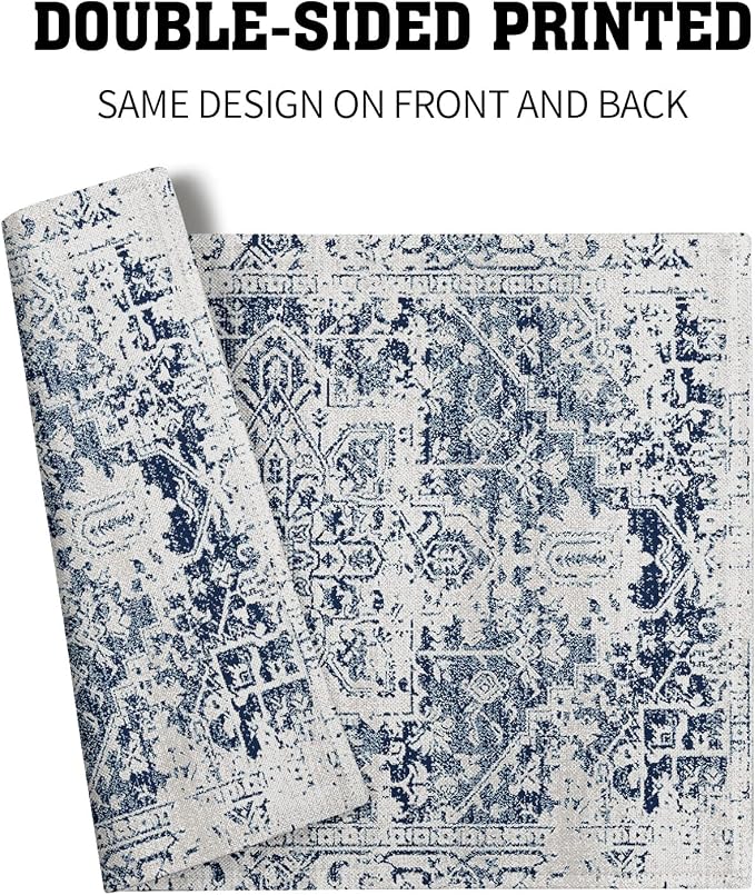 Navy Blue Grey Ethnic Boho Placemats Set of 6 Bohemian Carpet Vintage Gray Linen Washable Kitchen Dining Table Mats Stain Heat-Resistant Desktop Decor Place Mats for Home Party Indoor 12x18 in