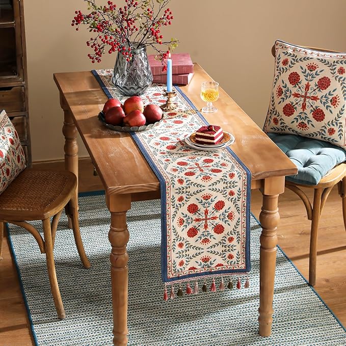 patdrea Designer Vintage Bright Farmhouse Extra Long Linen Table Runner 118 Inch Long, Maroon Floral Pattern Table Mat, Decor for Kitchen Dining Coffee Table Cabinet Banquet Christmas ,12"*118"