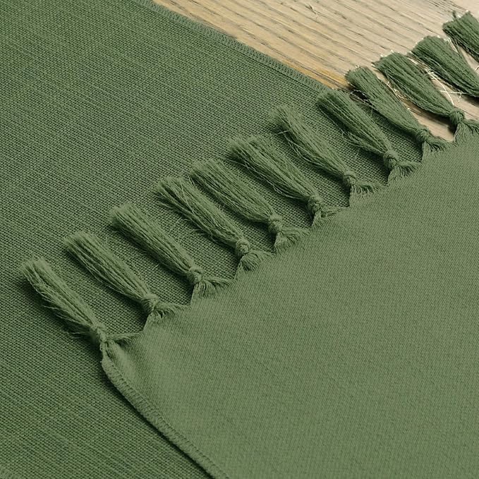 Artoid Mode Dark Green Tassel Table Runner, Linen Blend Rustic Farmhouse Style Kitchen Table Decoration Holiday Wedding Party Dinning Decor 13x36 Inch
