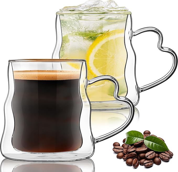 Joeyan 16.9oz Double Wall Glass Coffee Mugs Set of 2, Wave Clear Coffee Mug with Heart Handle, Large Latte Cappuccino Tea Espresso Cup, Heat Resistant Insulated Drinking Glassware for Hot Cold Drinks