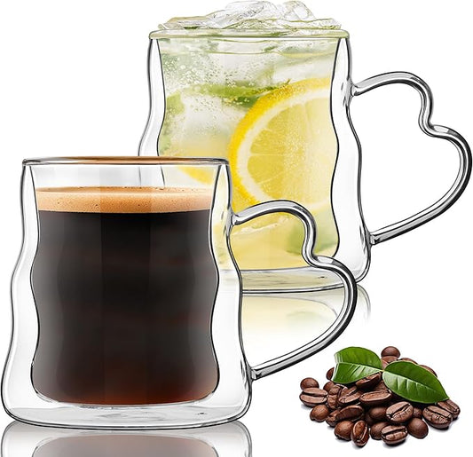 Joeyan 16.9oz Double Wall Glass Coffee Mugs Set of 2, Wave Clear Coffee Mug with Heart Handle, Large Latte Cappuccino Tea Espresso Cup, Heat Resistant Insulated Drinking Glassware for Hot Cold Drinks