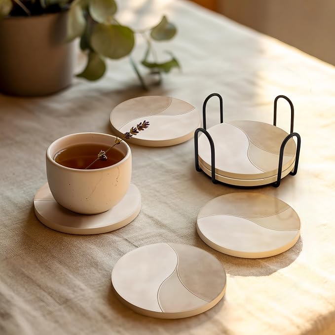 VEYRO Ceramic Coasters Set of 6 – Absorbent Stone Drink Coasters with Holder, Non-Slip Cork Backing, Modern Marble Look Coasters for Coffee Table, Desk & Home Decor