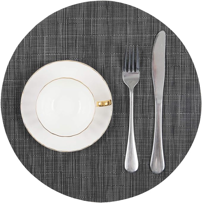 SHACOS Small Round Table Placemats Set of 5 Woven Vinyl Wedge Placemats with Centerpiece Round Table Mats Heat Resistant Wipe Clean (5, Black Gray)