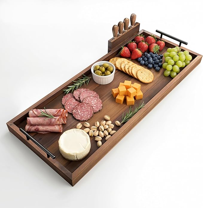 TIDITA Acacia Large Charcuterie Boards for Party with Cheese Knife Set of 4 – Acacia Wood Serving Tray with Handles, Long Charcuterie Board, Wooden Cheese Board (Walnut Color, 30 Inch)