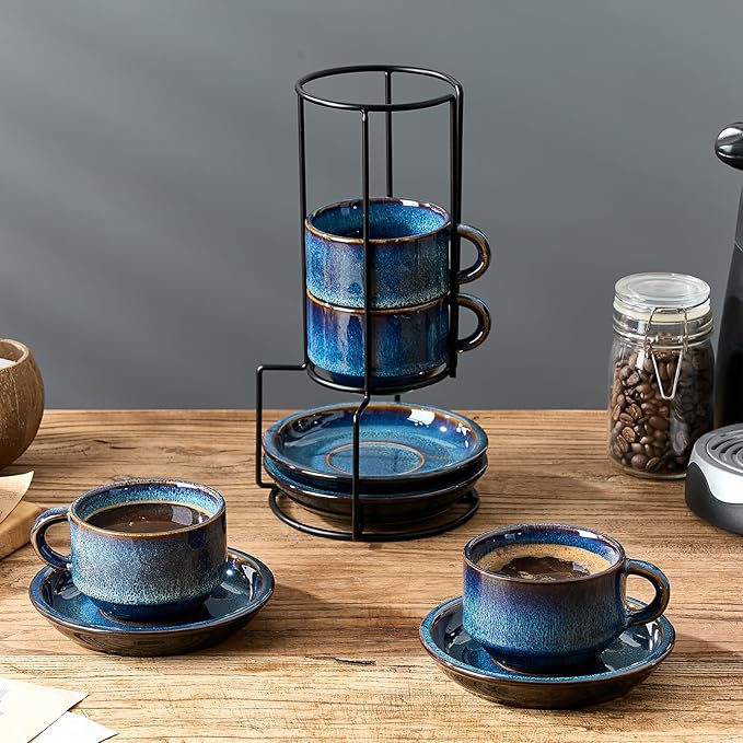 JIEMEI HOME Porcelain Stackable Cappuccino Cups with Saucers and Metal Stand, 7 Ounce Espresso Cups for Latte Coffee Cafe, Specialty Coffee Drinks, Cappuccino and Tea - Set of 4, Midnight Tide