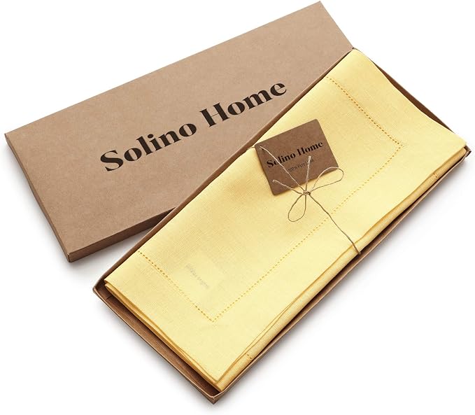 Solino Home Linen Yellow Table Runner 144 Inches Long - 100% Pure Linen Extra Long Table Runner 14 x 144 Inch for Summer - Classic Hemstitch