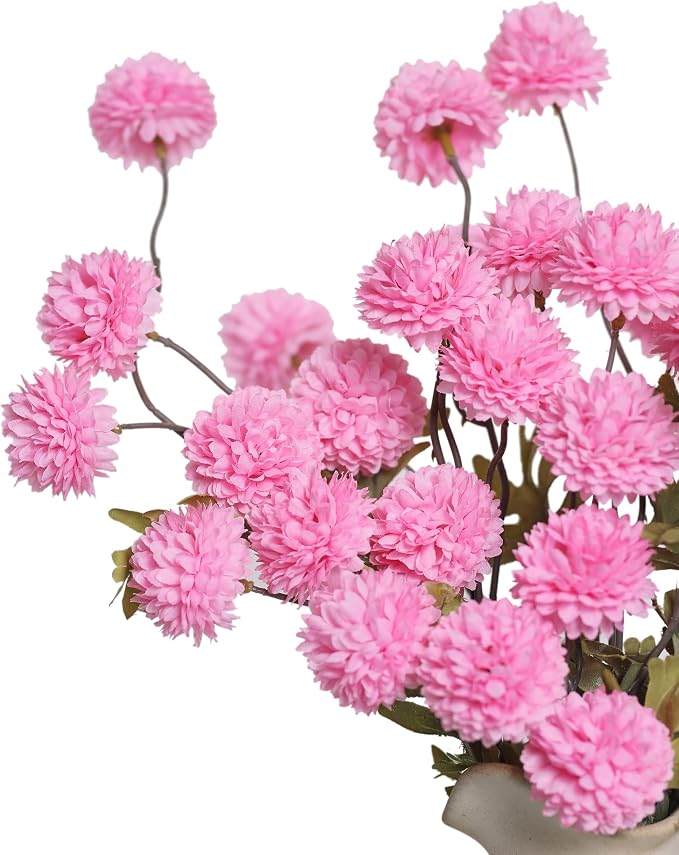 DuHouse 6pcs Artificial Flowers Faux Silk Pompon Mum,Silk Small Mini Chrysanthemum Ball with Stems for DIY Bouquets Centerpieces Vase Home Table Kitchen Decorations(Pink)