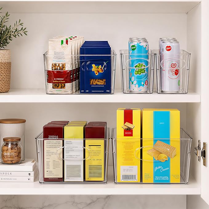 UFORU 5 Pack Clear Pantry Organizers and Storage, Stackable Plastic Storage Bins with Handles, Clear Storage Bins for Kitchen, Fridge, Freezer, Cabinet and Containers for Pantry Organization