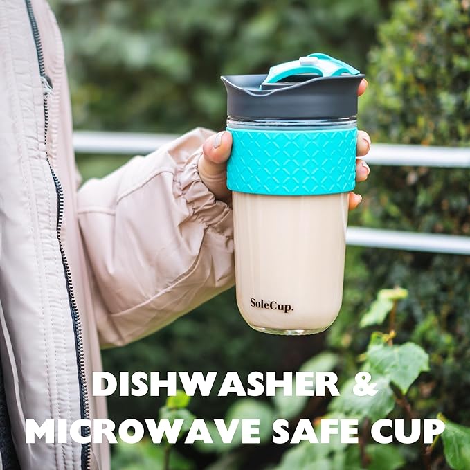 Large Travel Mug - Reusable Glass Coffee Mug - 18oz/530ml BPA-Free Hot Drink Travel Mug with Lid & Silicone Band (Red, 18oz)
