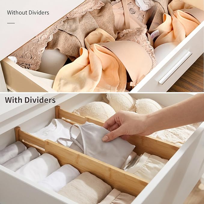 Utoplike 4 pcs Bamboo Kitchen Drawer Dividers Large, Adjustable Drawer Organizers, Spring Loaded, Expandable Organization Works in Kitchen, Dresser, Bathroom, Bedroom, Drawer, Desk