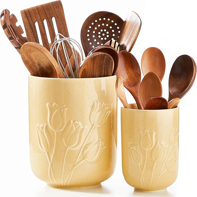 Tulips Beige Ceramic Utensil Holder Set, Large Kitchen Utensil Crocks – Modern Countertop Organizer for Cooking Utensils, Spatula, Spoons | Practical Kitchen Counter Decor