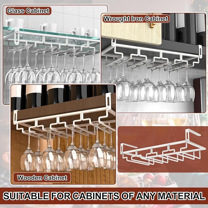 AUHOKY 2Pcs Adjustable Wine Glass Rack Under Cabinet, Punch-Free 4 Rows Stemware Wine Glass Metal Holder, Hanging Wine Glasses Storage Hanger Organizer for Shelf Kitchen Bar Decor(White, 4 Rows)