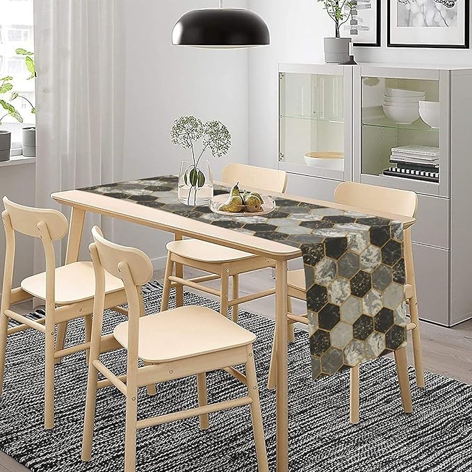 Marble Table Runner, Grey Black and Gold Abstract Geometry Hexagon Modern Luxury Texture Printed Linen Table Runners for Home Farmhouse Kitchen Dining Room Party Holiday Decor 13" W x 120" L