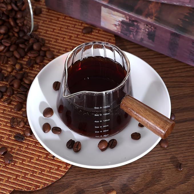 Espresso Measuring Cup 6 Oz, Espresso Glass Cups with Wood Handle, Milk Frothing Cup, Espresso Cup for Coffee, Milk, Tea or Maple Syrup Serving