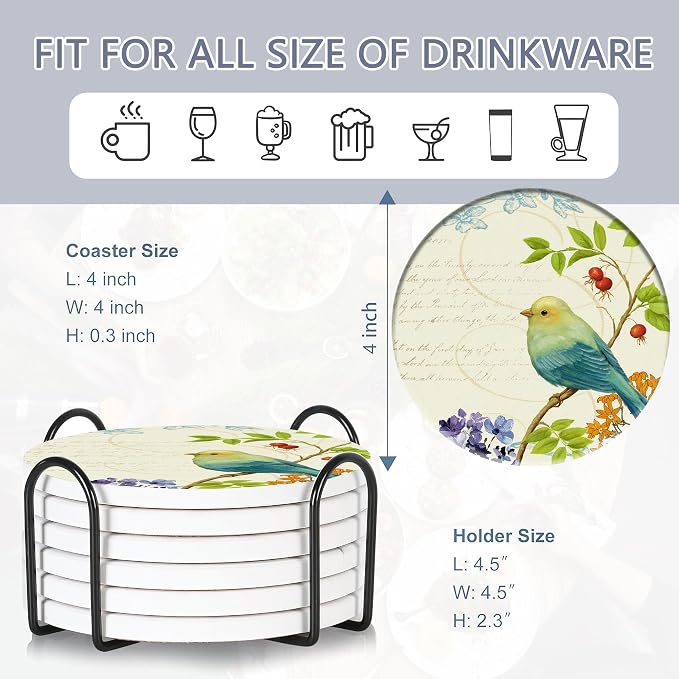 Coaster for Drinks Set of 6, Vintage Watercolor Bird Flower Absorbing Round Ceramic Stone Coaster with Cork Base,Tabletop Protection Mat for Mugs and Cups,Coffee Table Wine Glass Home Bar 4 Inch