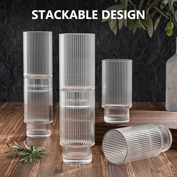 CWHHRN 16OZ Ribbed Glass Cups with Lids and Straws 4 Set, Vintage Glassware for Whiskey Cocktail Beer, Iced Coffee Cups with Lid, Glass Tumbler with Straw and Lid (4 PACK)