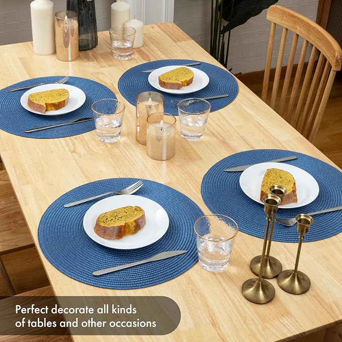 Winknowl Round Braided Placemats Set of 4 Washable Woven Heat Resistant Table Mats for Kitchen Dining Tables 15 inch Round Place Mats (Blue,4pcs)