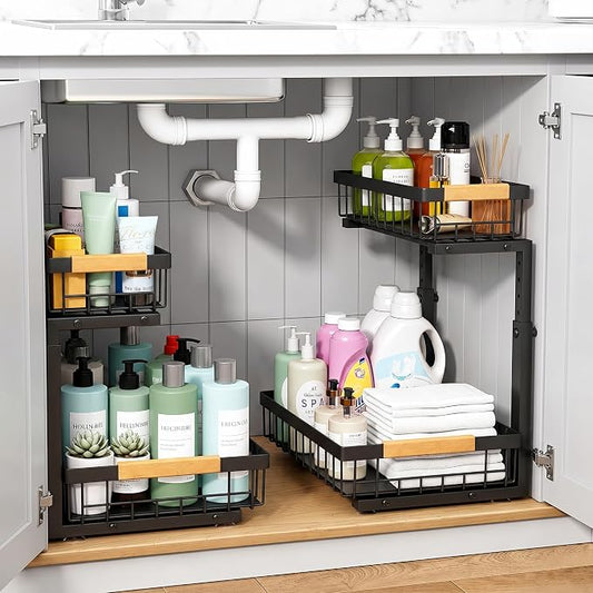 Under Sink Organizer 2 Pack, 2 Tier Pull Out Cabinet Organizers and Storage for Kitchen Bathroom Pantry Laundry, Adjustable Height, Slide Out Thickened Metal Storage Shelf (Black, 2 Pack)