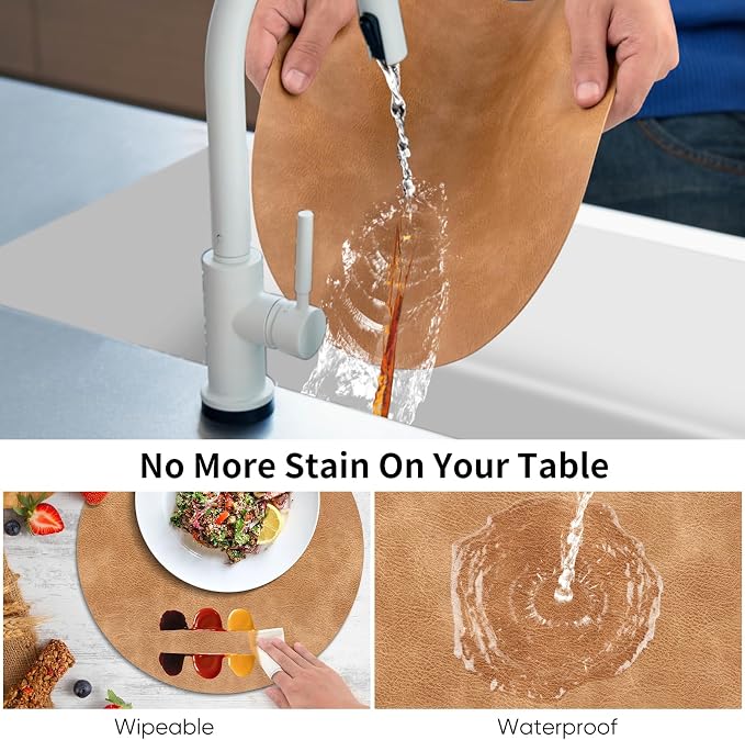 ADRIMER Placemats, Heat Resistant Round Placemats Set of 4 Washable, Waterproof Table Mats, Wipeable Faux Leather Place Mats for Kitchen, Dining Room, Turmeric Brown+Light Brown+Green+Blue