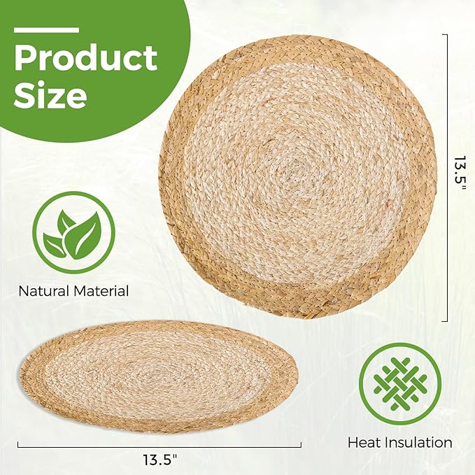 13.5 in Round Woven Place Mats Set of 10, Boho Placemats Rattan Chargers for Dinner Plates, Farmhouse Rustic Placemats Wicker Table Mats Braided Chargers, Natural Beige & Light Brown