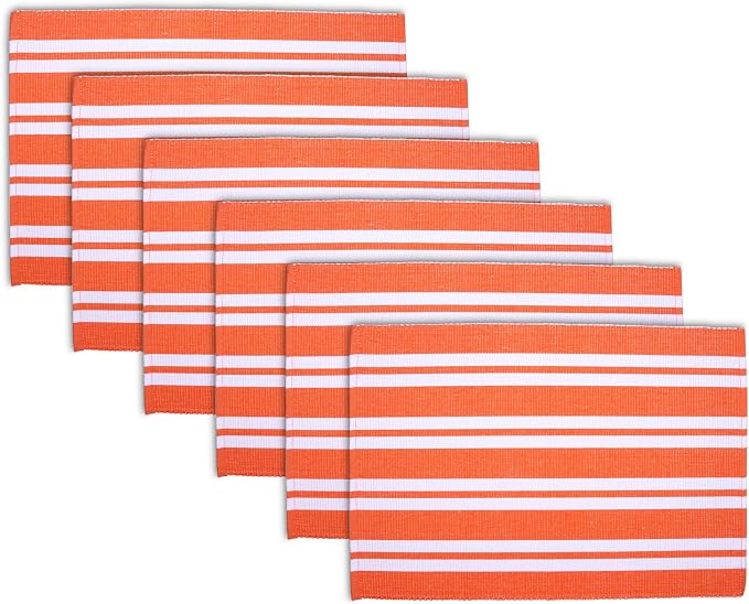 Encasa XO Dining Placemat Set of 6 | Franca Orange Stripes Color | Fine Ribbed Cotton Table mat | Size 18x13 in | Machine Washable