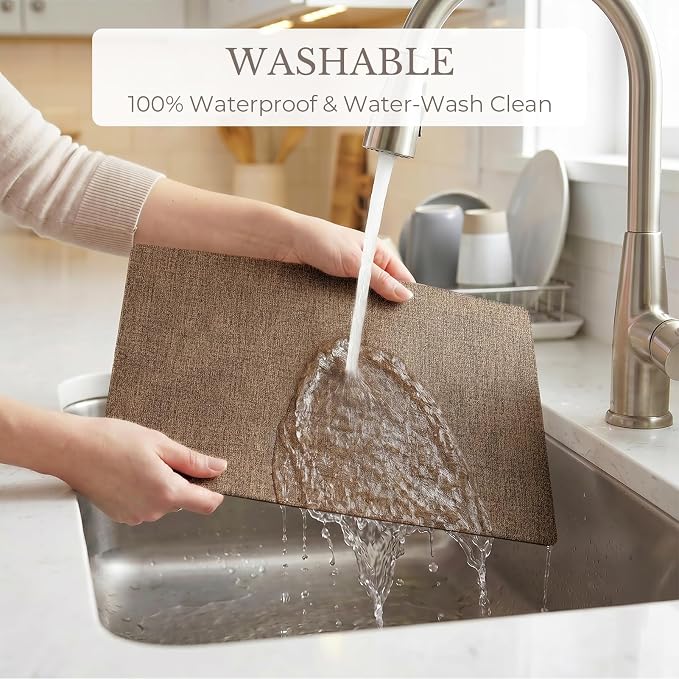 Romanstile Vinyl Placemats Set of 6-12 X 17 Inch - Faux Leather 100% Waterproof Wipeable Anti Slip Place Mats, Heat Resistant Reversible PU Table Mats for Kitchen Dining Party Outdoor, Brown