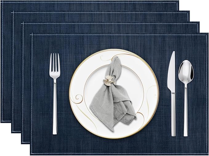 Niviy Dark Blue Placemats Set of 4, 12x18 Inch Washable Easy to Clean Heat-Resistant Anti-Skid Navy Blue Placemats for Holiday Party Kitchen Dining Room Decoration